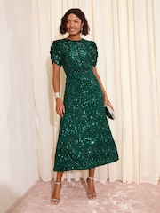 Friends Like These X Lucy Mecklenburgh Green Scoop Neck Ruched Puff Sleeve Sequin Midi Dress - Image 4 of 5