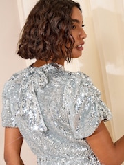 Friends Like These Silver High Neck Ruched Puff Sleeve Sequin Mini Dress - Image 4 of 4