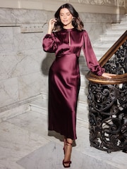Friends Like These Aubergine Purple Satin Long Puff Sleeve High Neck Midi Dress - Image 1 of 4