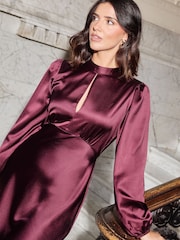 Friends Like These Aubergine Purple Satin Long Puff Sleeve High Neck Midi Dress - Image 2 of 4