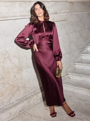 Friends Like These Aubergine Purple Satin Long Puff Sleeve High Neck Midi Dress - Image 3 of 4