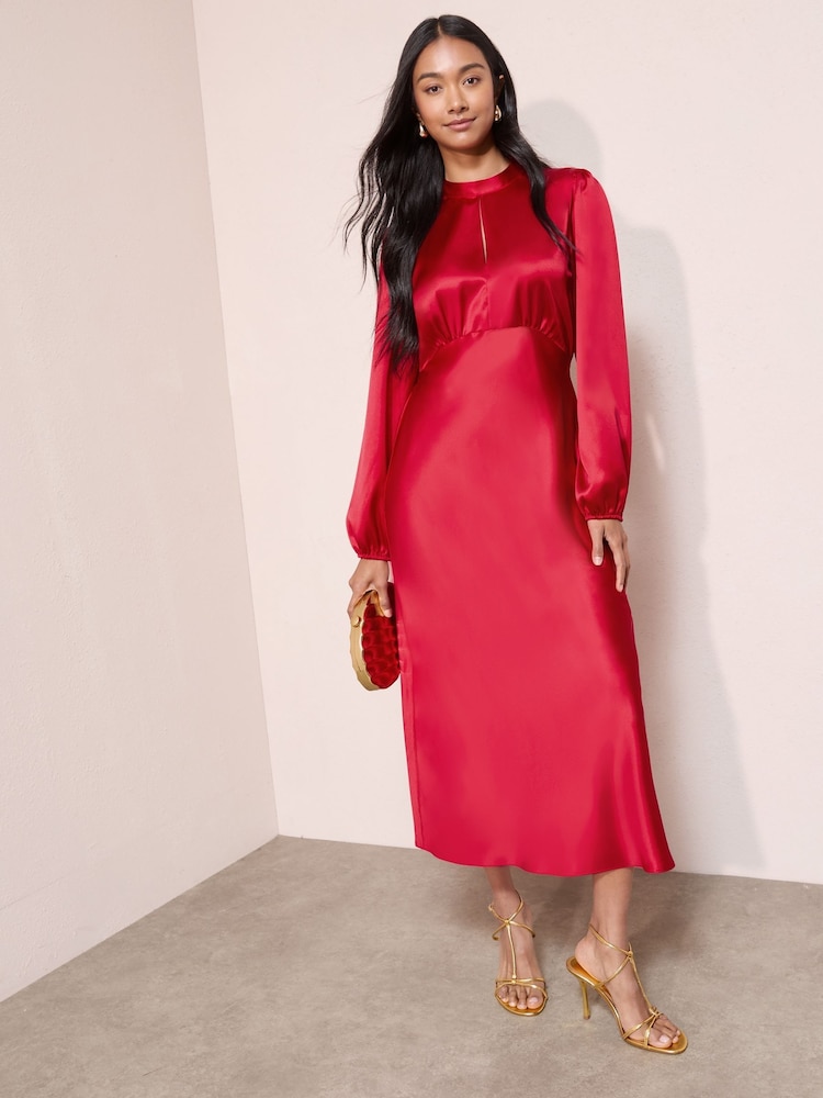 Friends Like These Red Satin Long Puff Sleeve High Neck Midi Dress - Image 1 of 4