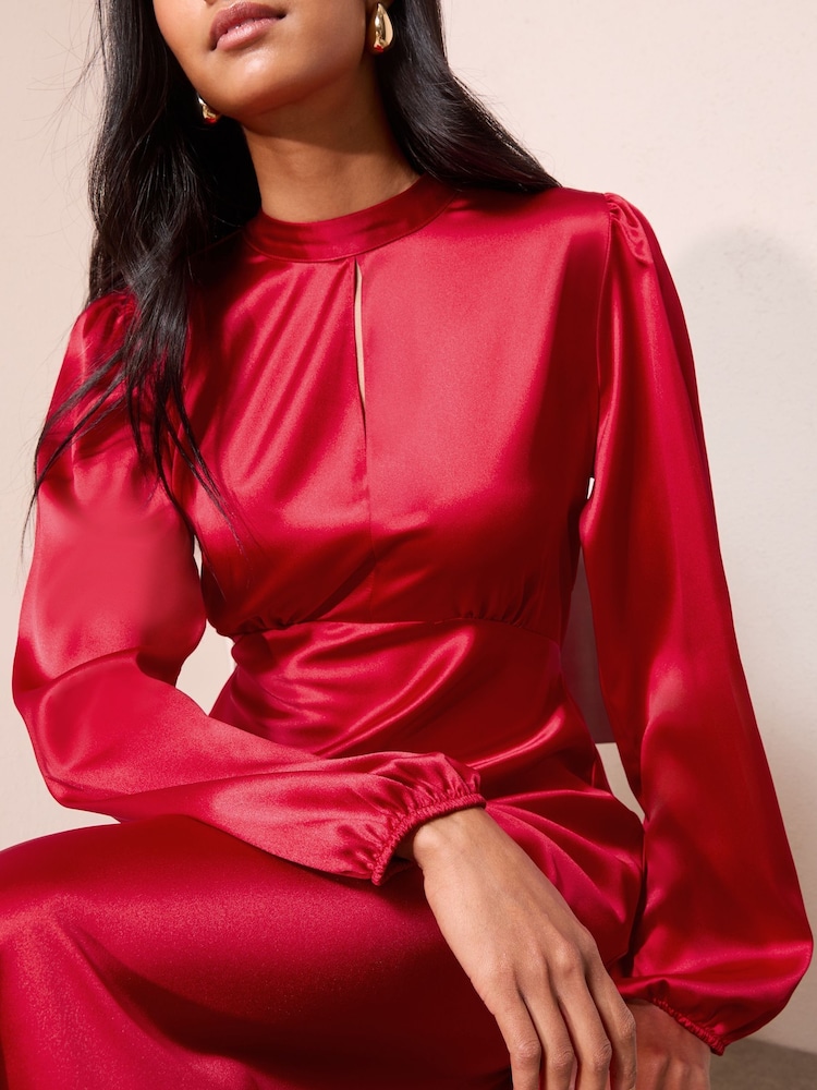 Friends Like These Red Satin Long Puff Sleeve High Neck Midi Dress - Image 2 of 4