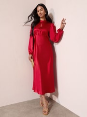 Friends Like These Red Satin Long Puff Sleeve High Neck Midi Dress - Image 3 of 4