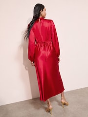 Friends Like These Red Satin Long Puff Sleeve High Neck Midi Dress - Image 4 of 4