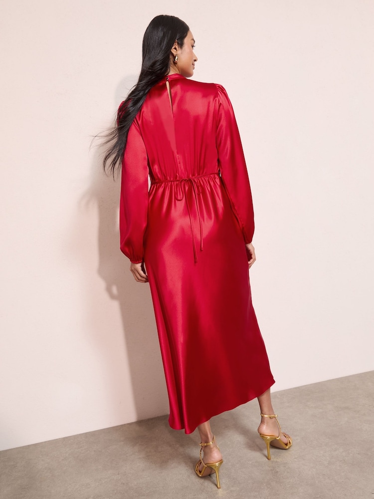 Friends Like These Red Satin Long Puff Sleeve High Neck Midi Dress - Image 4 of 4