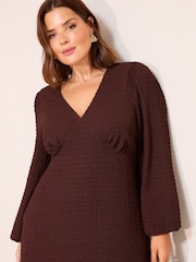 Friends Like These Chocolate Brown Curve Textured V-Neck Long Sleeve Midi Dress - Image 2 of 6