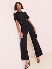 Friends Like These Black Chiffon Sleeve Scuba Button Waist Jumpsuit - Image 1 of 4