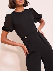 Friends Like These Black Chiffon Sleeve Scuba Button Waist Jumpsuit - Image 2 of 4
