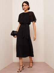 Friends Like These Black Scuba Chiffon Flutter Sleeve Midi Dress - Image 1 of 4