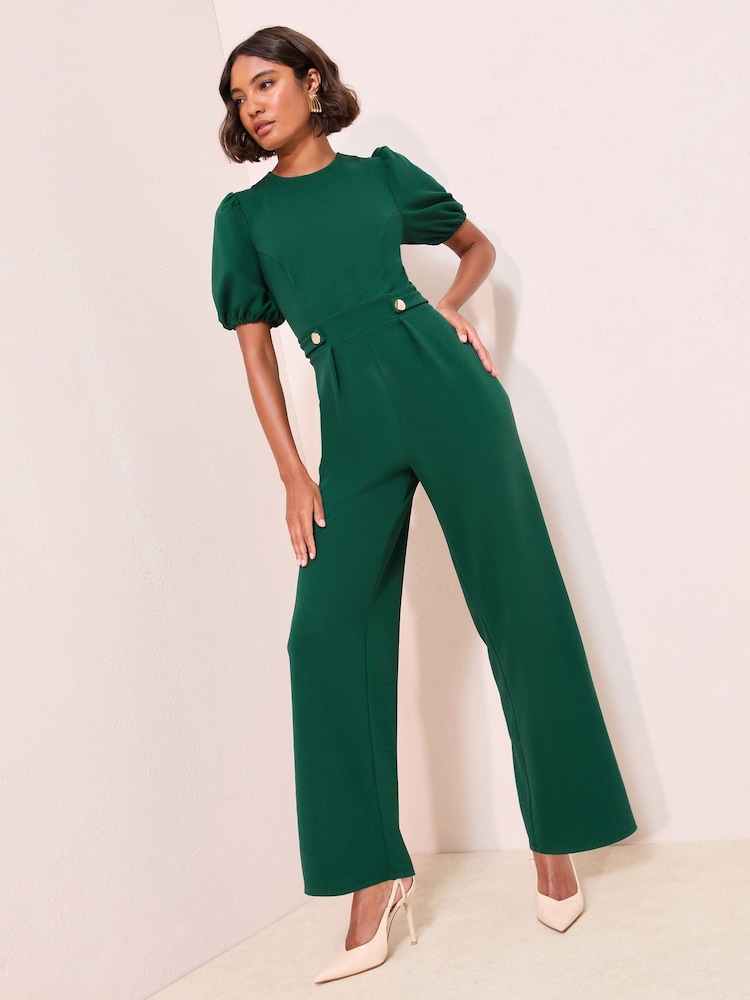Friends Like These Bottle Green Chiffon Sleeve Scuba Button Waist Jumpsuit - Image 1 of 4