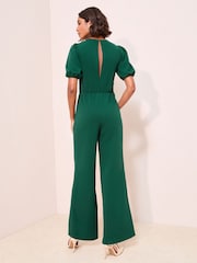 Friends Like These Bottle Green Chiffon Sleeve Scuba Button Waist Jumpsuit - Image 4 of 4