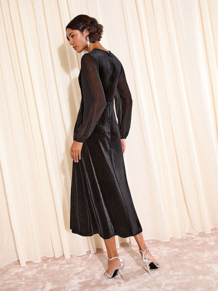 Friends Like These Black Velvet Chiffon Mix Midi Dress - Image 4 of 4 Friends Like These Black Velvet Chiffon Mix Midi Dress - Image 4 of 4