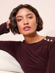 Friends Like These Aubergine Purple Long Sleeve Jersey Button Shoulder Midi Dress - Image 2 of 4