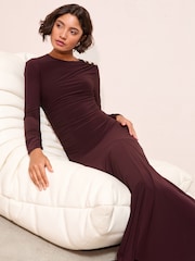 Friends Like These Aubergine Purple Long Sleeve Jersey Button Shoulder Midi Dress - Image 3 of 4