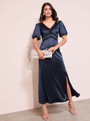 Friends Like These Navy Blue Lace Trim Satin V-Neck Midi Dress - Image 5 of 5