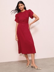 Friends Like These Burgundy Red Petal Sleeve Midi A Line Belted Dress - Image 1 of 4