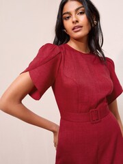Friends Like These Burgundy Red Petal Sleeve Midi A Line Belted Dress - Image 2 of 4