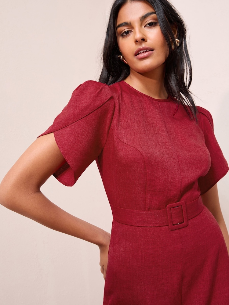 Friends Like These Burgundy Red Petal Sleeve Midi A Line Belted Dress - Image 2 of 4
