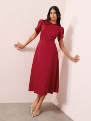 Friends Like These Burgundy Red Petal Sleeve Midi A Line Belted Dress - Image 3 of 4