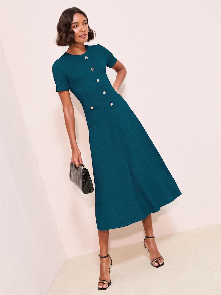 Friends Like These Teal Blue Textured Jersey Drop Waist Button Detail Midi Dress - Image 1 of 4