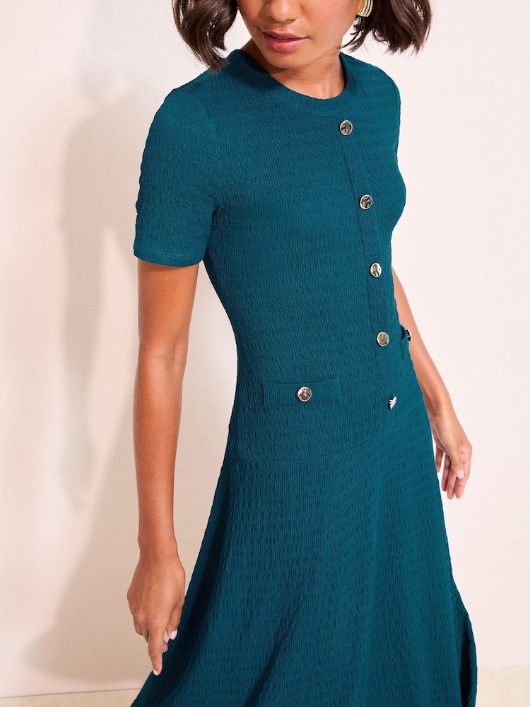 Friends Like These Teal Blue Textured Jersey Drop Waist Button Detail Midi Dress - Image 2 of 4