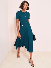 Friends Like These Teal Blue Textured Jersey Drop Waist Button Detail Midi Dress - Image 3 of 4