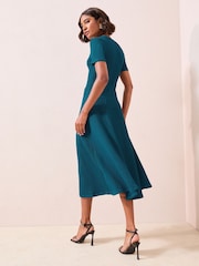 Friends Like These Teal Blue Textured Jersey Drop Waist Button Detail Midi Dress - Image 4 of 4