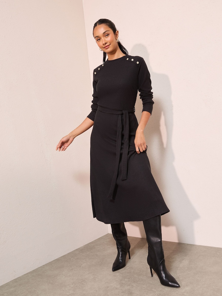 Friends Like These Black Long Sleeve Belted Cosy Mini Dress - Image 1 of 4 Friends Like These Black Long Sleeve Belted Cosy Mini Dress - Image 1 of 4