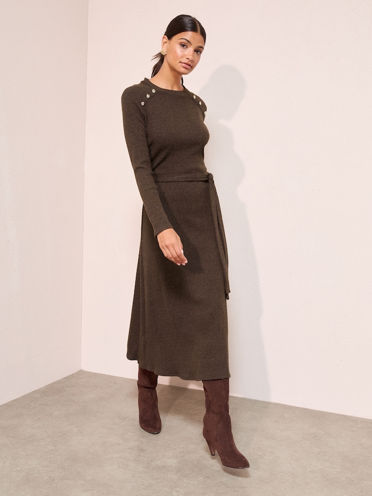 Friends Like These Chocolate Brown Long Sleeve Belted Cosy Mini Dress - Image 1 of 5 Friends Like These Chocolate Brown Long Sleeve Belted Cosy Mini Dress - Image 1 of 5