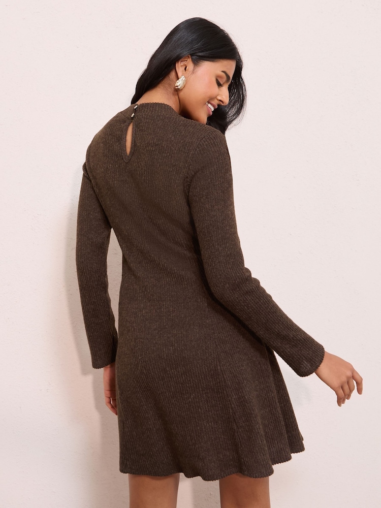Friends Like These Brown Long Sleeve Belted Cosy Mini Dress - Image 2 of 5 Friends Like These Brown Long Sleeve Belted Cosy Mini Dress - Image 2 of 5