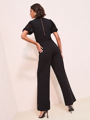 Friends Like These Black Petite Chiffon Sleeve Scuba Button Waist Jumpsuit - Image 4 of 4