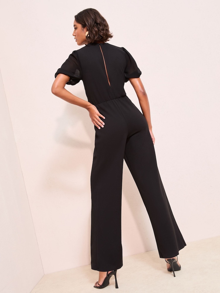 Friends Like These Black Petite Chiffon Sleeve Scuba Button Waist Jumpsuit - Image 4 of 4