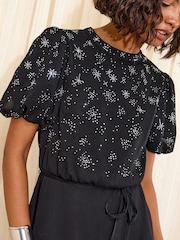 Friends Like These Black Petite Chiffon Hotfix Tiered Hem Mini Dress - Image 2 of 4
