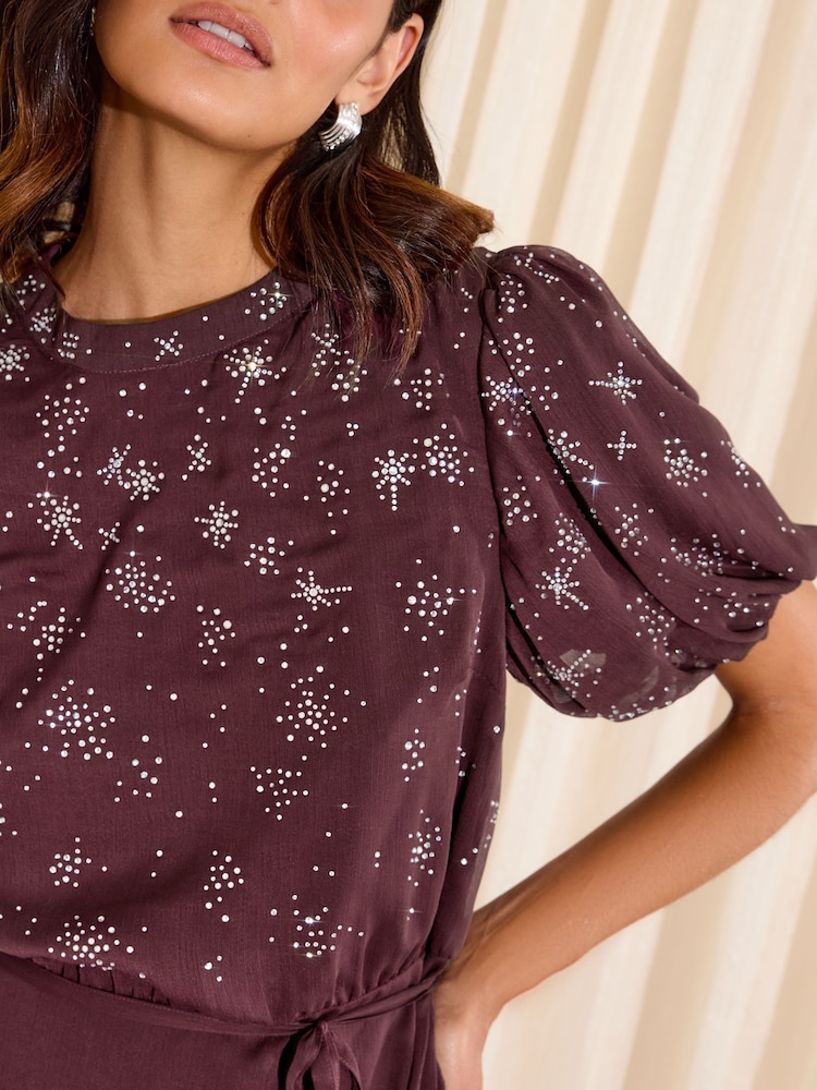 Friends Like These Berry Red Petite Chiffon Hotfix Tiered Hem Mini Dress - Image 2 of 4