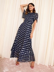 Friends Like These X Lucy Mecklenburgh Navy Petite Foil Spot Short Sleeve Chiffon Tiered Maxi Dress - Image 1 of 6