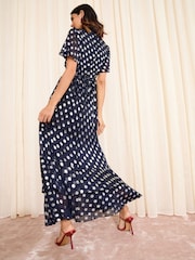 Friends Like These X Lucy Mecklenburgh Navy Petite Foil Spot Short Sleeve Chiffon Tiered Maxi Dress - Image 3 of 6