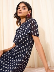 Friends Like These X Lucy Mecklenburgh Navy Petite Foil Spot Short Sleeve Chiffon Tiered Maxi Dress - Image 4 of 6