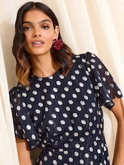 Friends Like These X Lucy Mecklenburgh Navy Petite Foil Spot Short Sleeve Chiffon Tiered Maxi Dress - Image 6 of 6