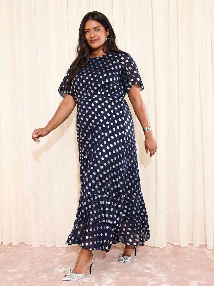 Friends Like These X Lucy Mecklenburgh Navy Curve Foil Spot Short Sleeve Chiffon Tiered Maxi Dress - Image 1 of 4