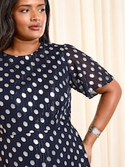 Friends Like These X Lucy Mecklenburgh Navy Curve Foil Spot Short Sleeve Chiffon Tiered Maxi Dress - Image 2 of 4