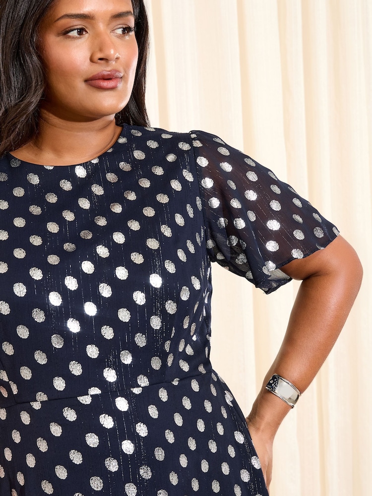 Friends Like These X Lucy Mecklenburgh Navy Curve Foil Spot Short Sleeve Chiffon Tiered Maxi Dress - Image 2 of 4 Friends Like These X Lucy Mecklenburgh Navy Curve Foil Spot Short Sleeve Chiffon Tiered Maxi Dress - Image 2 of 4