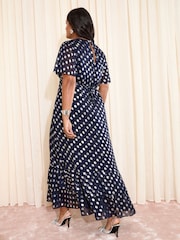 Friends Like These X Lucy Mecklenburgh Navy Curve Foil Spot Short Sleeve Chiffon Tiered Maxi Dress - Image 4 of 4