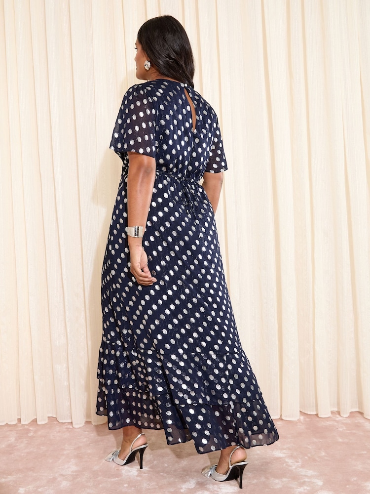 Friends Like These X Lucy Mecklenburgh Navy Curve Foil Spot Short Sleeve Chiffon Tiered Maxi Dress - Image 4 of 4