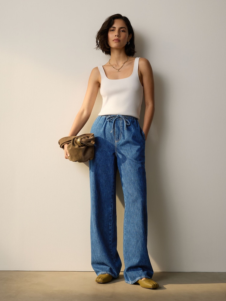Mid Blue Denim Wide Leg Pull On Drawcord Jeans - Image 1 of 6