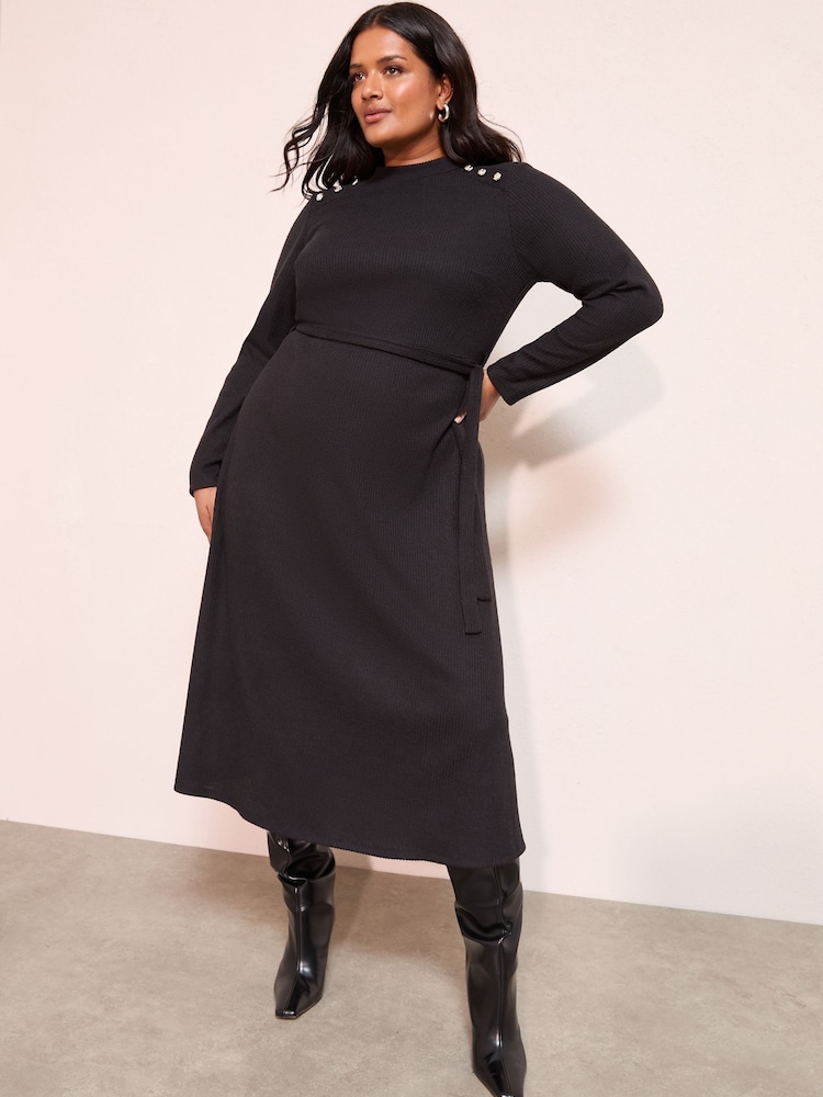 Friends Like These Black Curve Long Sleeve Belted Cosy Mini Dress - Image 1 of 4 Friends Like These Black Curve Long Sleeve Belted Cosy Mini Dress - Image 1 of 4