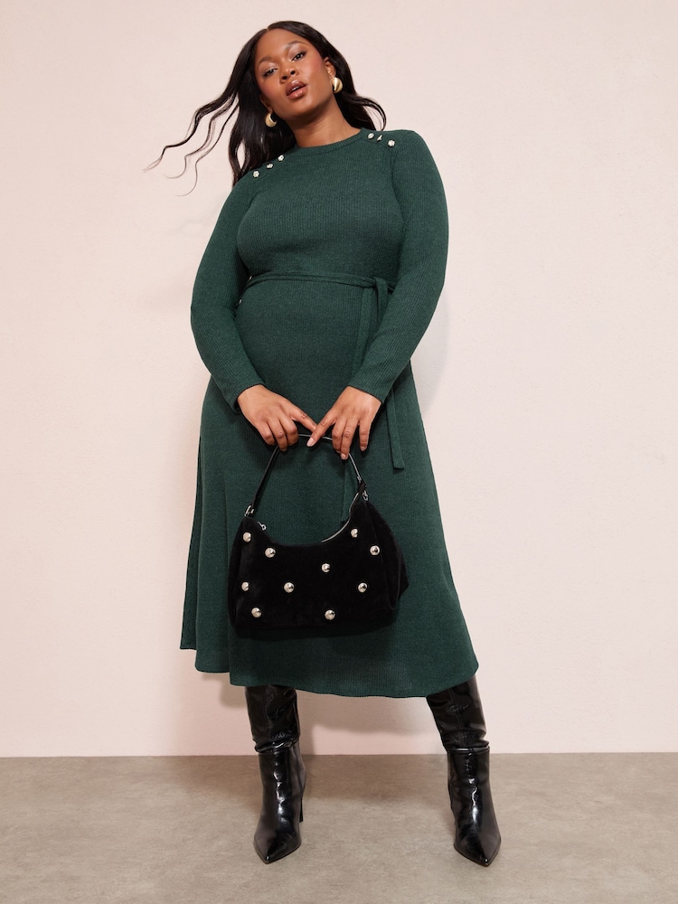 Womens Friends Like These Green Curve Long Sleeve Belted Cosy Midi Dress US 16