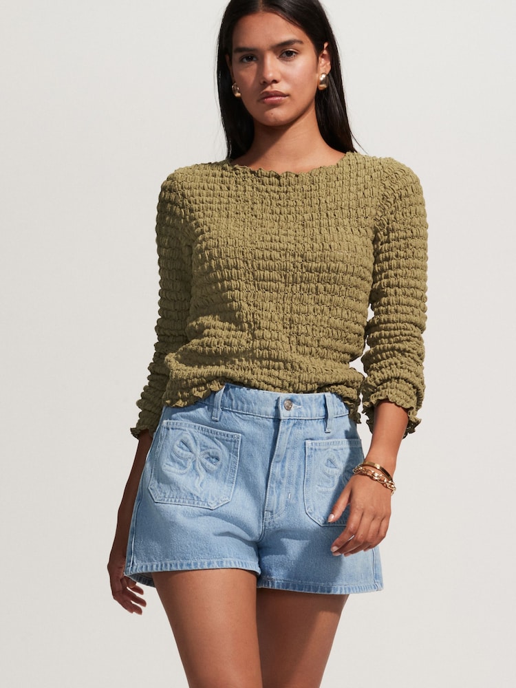 Denim Lightwash Patch Pocket Bow Shorts - Image 1 of 7