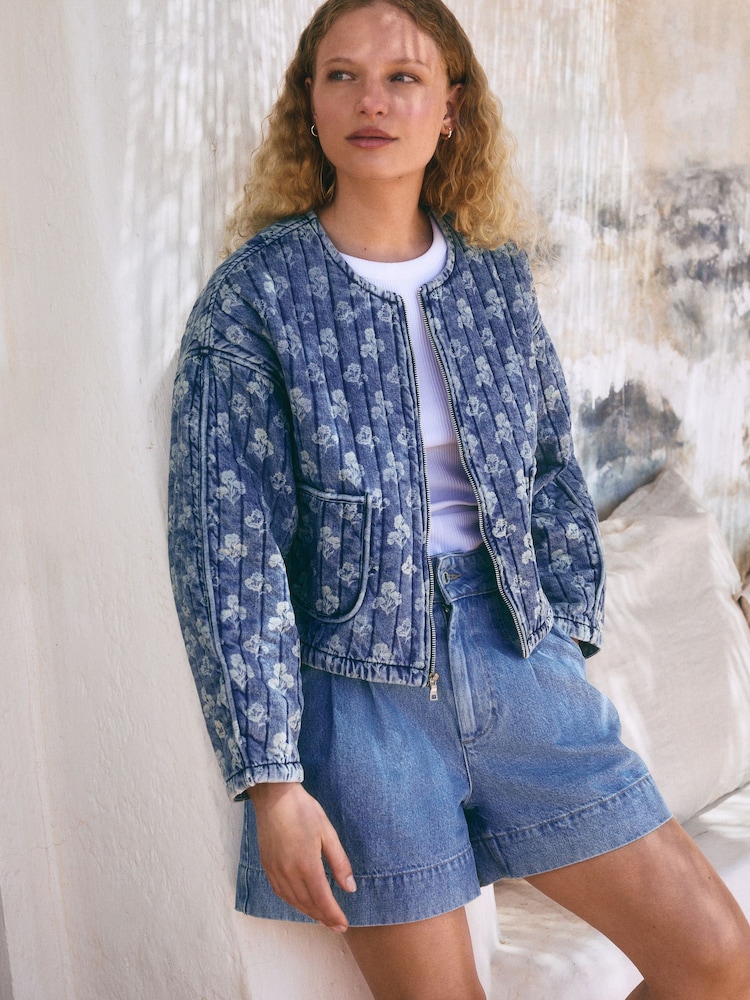 Blue Quilted Floral Print Denim Jacket - Image 1 of 5 Blue Quilted Floral Print Denim Jacket - Image 1 of 5