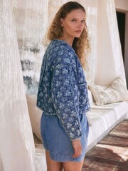 Blue Quilted Floral Print Denim Jacket - Image 4 of 5